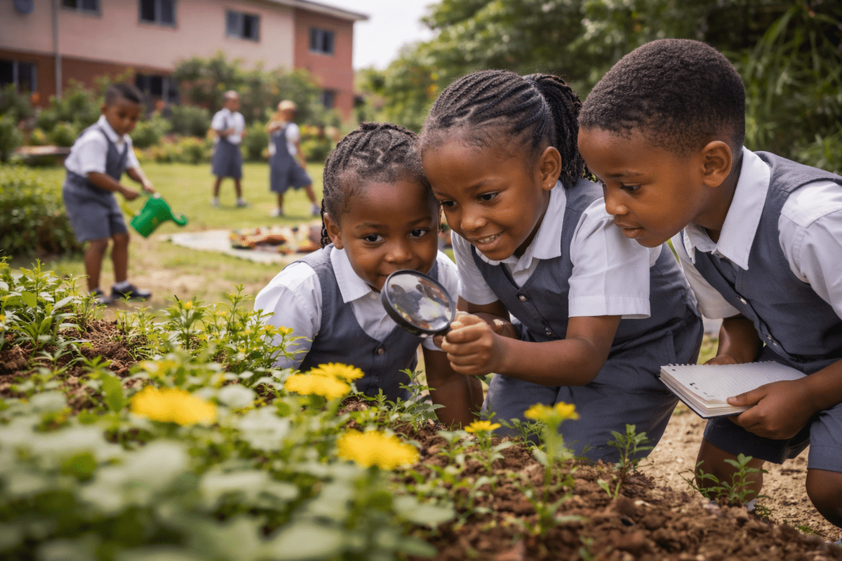 Elementary students exploring a school garden and observing plants
