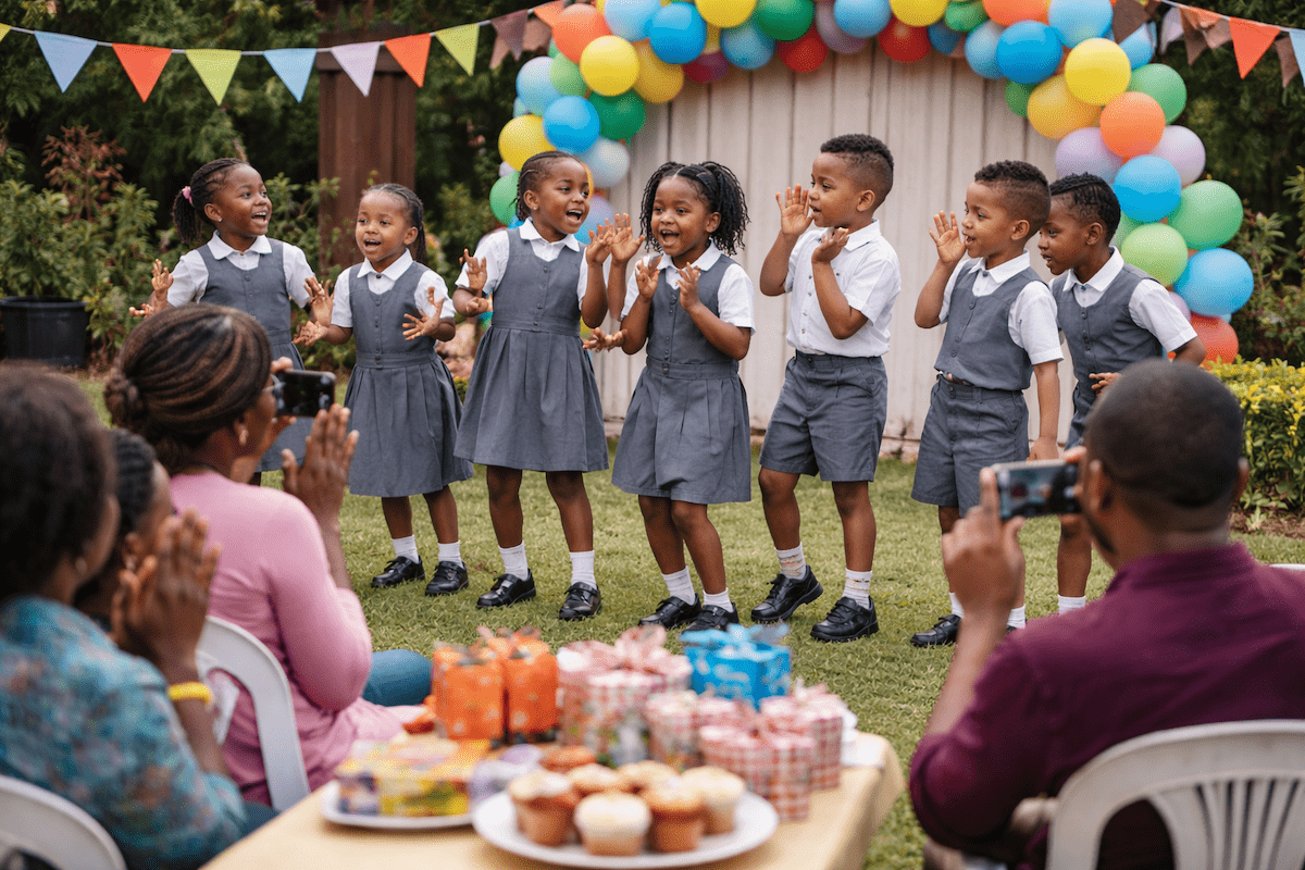 Children performing at a school event with parents watching